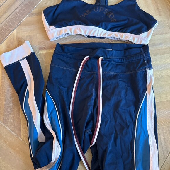 The upside side stripe drawstring navy athletic leggings and sports bra set - Picture 5 of 5